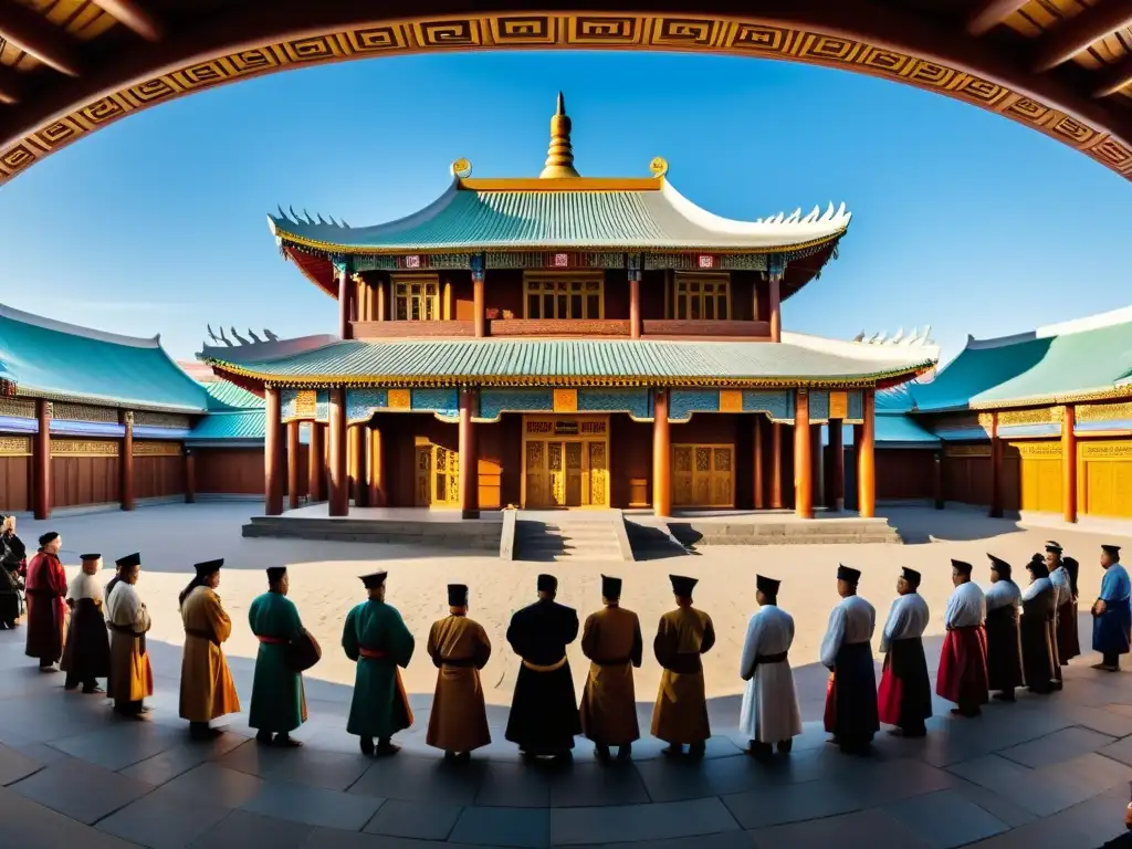 Vista panorámica del bullicioso sistema judicial en Imperio Mongol, con detalles de la arquitectura y tradiciones judiciales