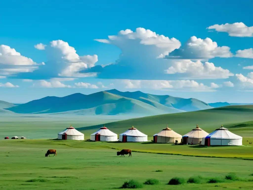 Vista panorámica de la estepa mongola con yurtas, caballos y cielo azul, evocando historia y folclore del Imperio Mongol