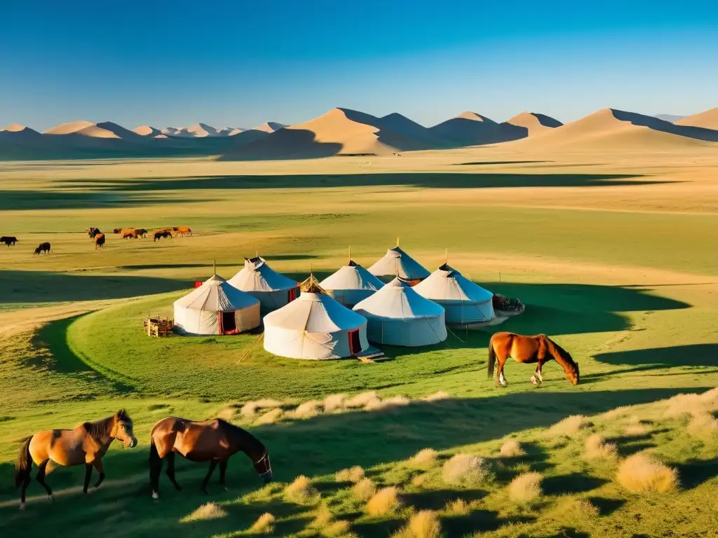 Vista panorámica de la estepa mongol con yurtas y caballos pastando, reflejando la economía del Imperio Mongol bajo los Khans