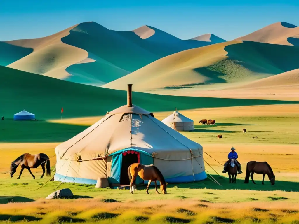 Vista panorámica de la estepa mongola con yurta, caballos y familia nómada, reflejando la poesía narrativa y la percepción extranjera de Mongolia