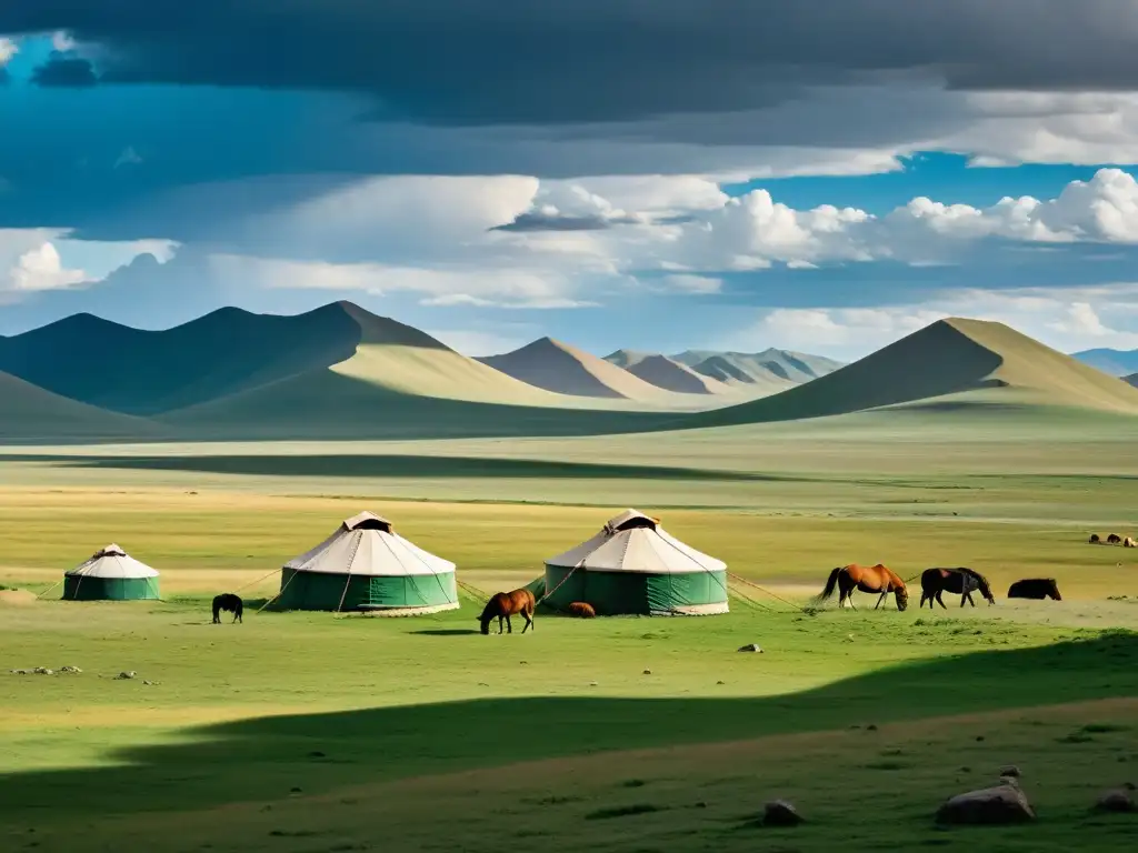 Vista panorámica de la estepa mongola con yurtas, caballos y montañas, evocando el legado unificador y destructor de Genghis Khan