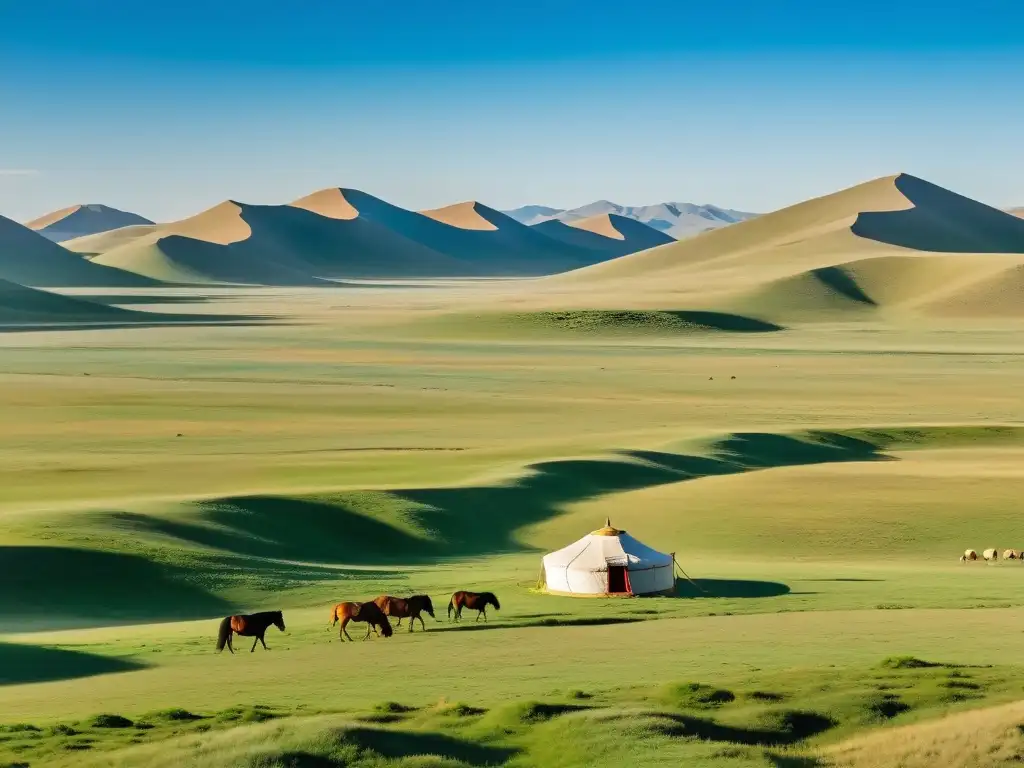 Vista panorámica de la estepa mongol con yurta, caballos y figura en traje tradicional