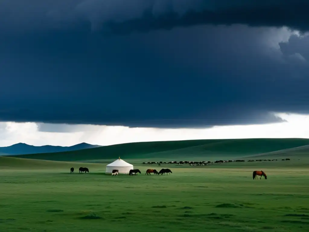 Vista panorámica de la estepa mongol con yurta, caballos y transformación paisajes yugo mongol