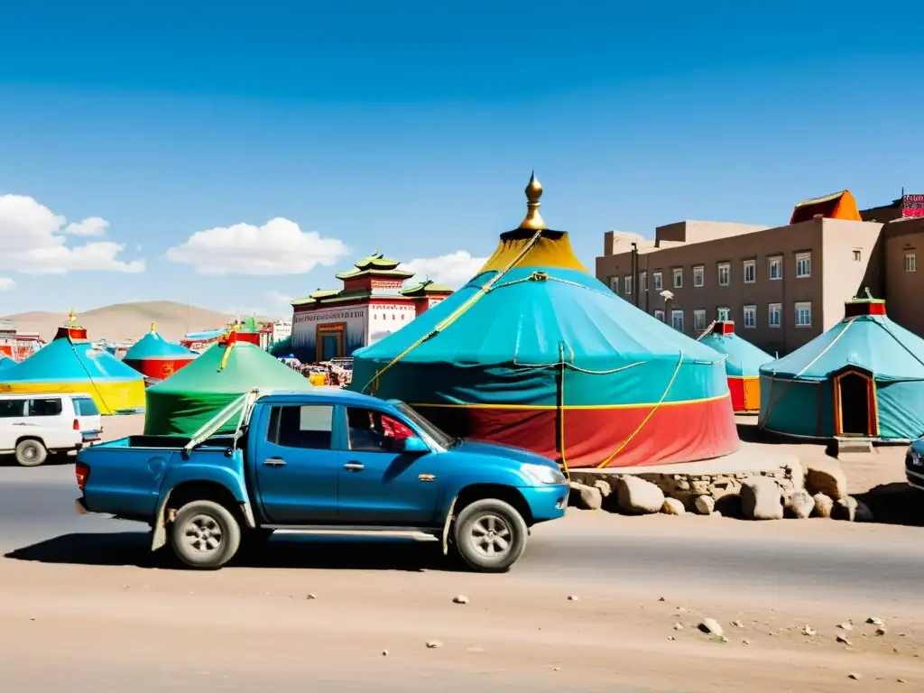 Vista panorámica de calles bulliciosas en Ulán Bator, Mongolia, con yurtas tradicionales y modernos vehículos, reflejando la mezcla única de transporte antiguo y contemporáneo en la capital