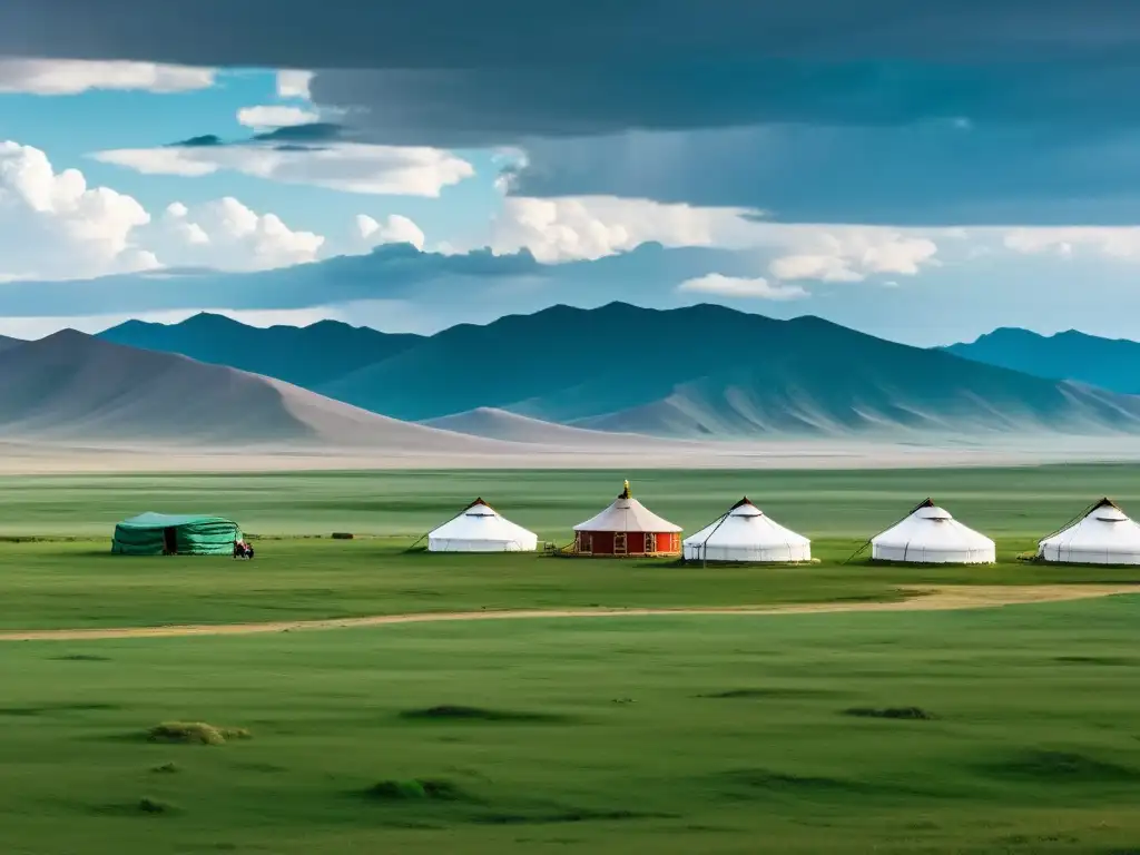 Contraste entre tradición y modernidad en la estepa mongol Vista panorámica de la estepa mongol con campamento ger tradicional y modernos rascacielos al fondo, reflejando la tradición y modernidad en la cultura mongol