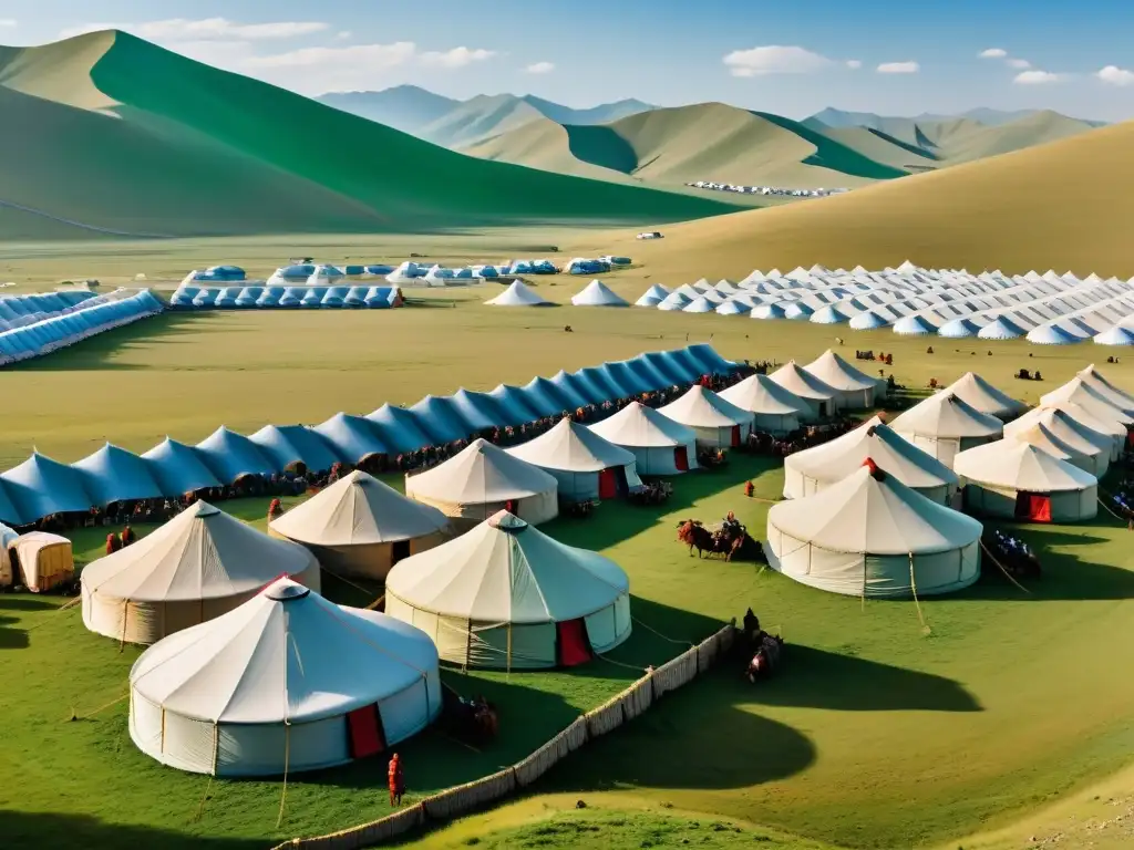 Vista panorámica del campamento militar del Imperio Mongol, mostrando la compleja logística y la actividad frenética de soldados y trabajadores