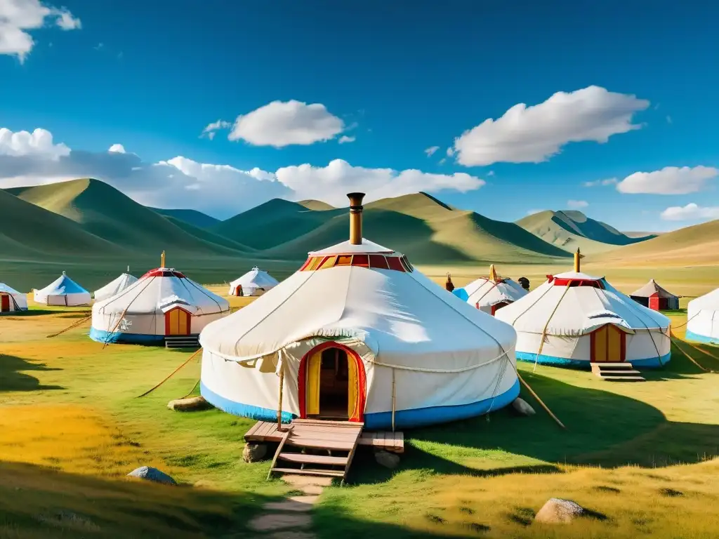 Vista panorámica de un campamento mongol tradicional en las vastas estepas, evocando la innovación en campamentos móviles mongoles