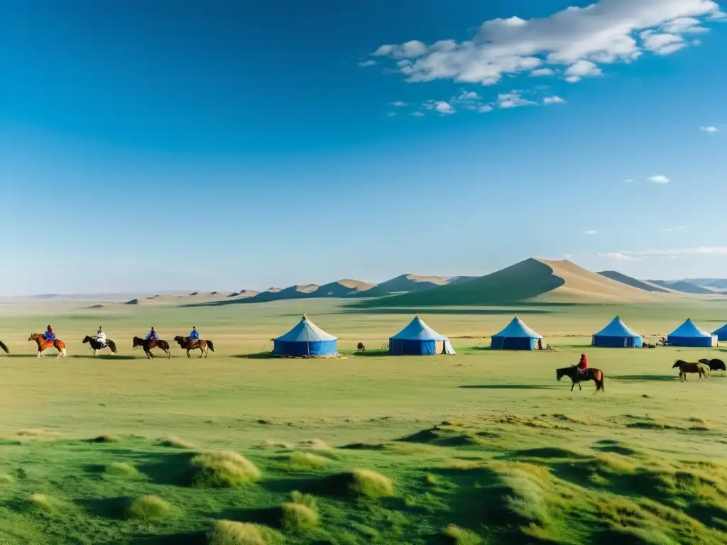 Vista panorámica de la estepa mongol con campamento nómada y jinetes a caballo