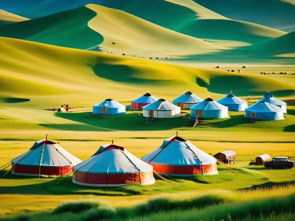 Vista panorámica de un campamento tradicional mongol con yurtas decoradas, rodeado de praderas