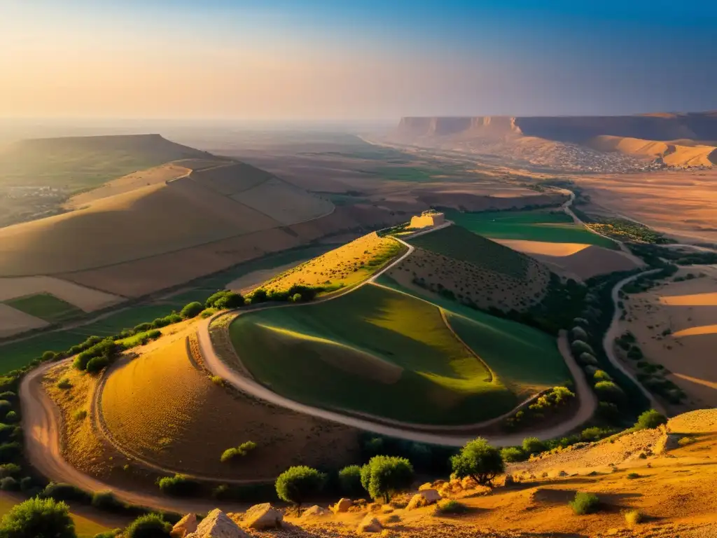 Vista panorámica del campo de batalla de Ain Jalut Mongol al atardecer, con guerreros a caballo en primer plano