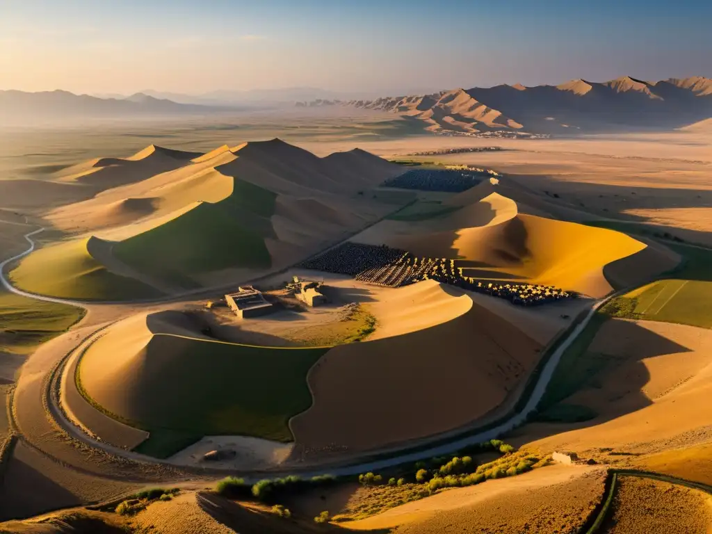 Vista panorámica del campo de batalla en Ain Jalut con la expansión mongola y la tensión previa al combate al atardecer