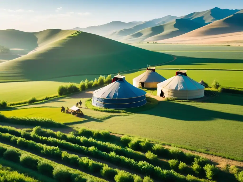 Vista panorámica de campos de cultivo yurtas mongolas, reflejando consecuencias económicas conquistas mongolas