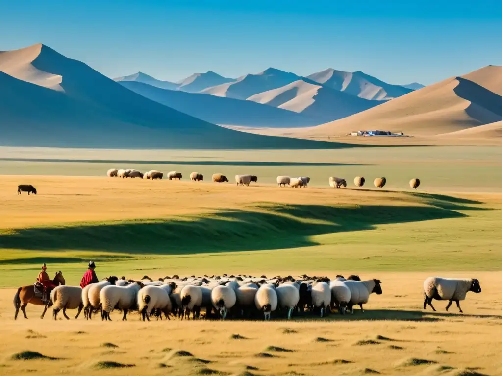 Vista panorámica de la estepa mongol bajo un cielo azul claro, revelando la vida cotidiana en el Imperio Mongol