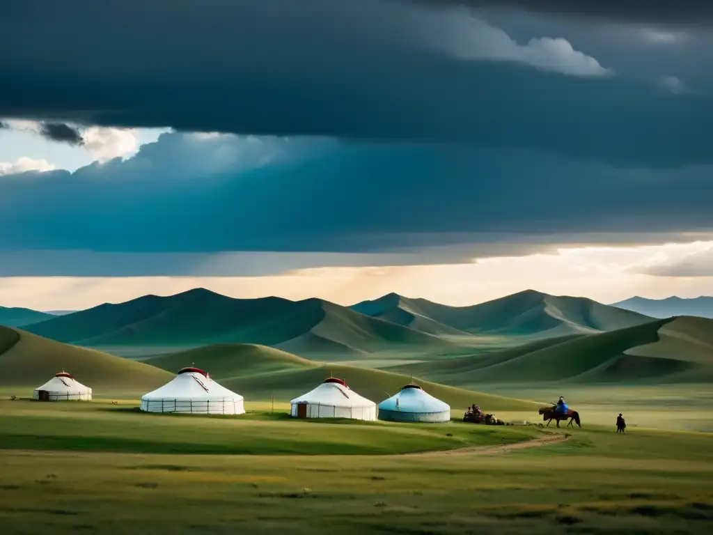 Vista panorámica de la estepa mongola bajo un cielo dramático, evocando la conexión eterna entre el pueblo mongol y su tierra