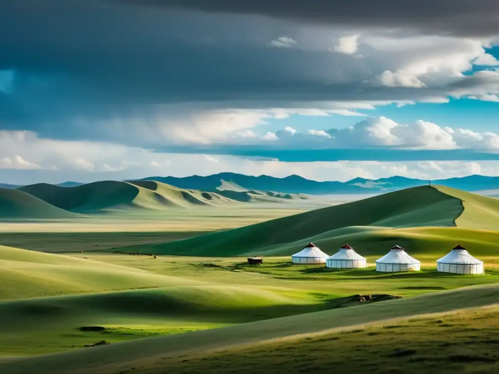 Vista panorámica de la estepa mongola bajo un cielo dramático, resaltando el liderazgo en el Imperio Mongol