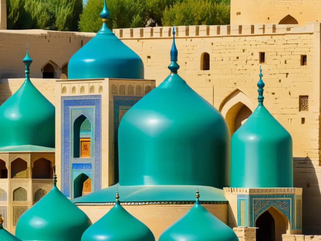 Vista panorámica de la ciudad antigua de Bukhara en Uzbekistán, con fachadas intrincadas de azulejos turquesa, bulliciosas calles y majestuosos minaretes que reflejan la influencia del Imperio Mongol en la preservación cultural del Medio Oriente