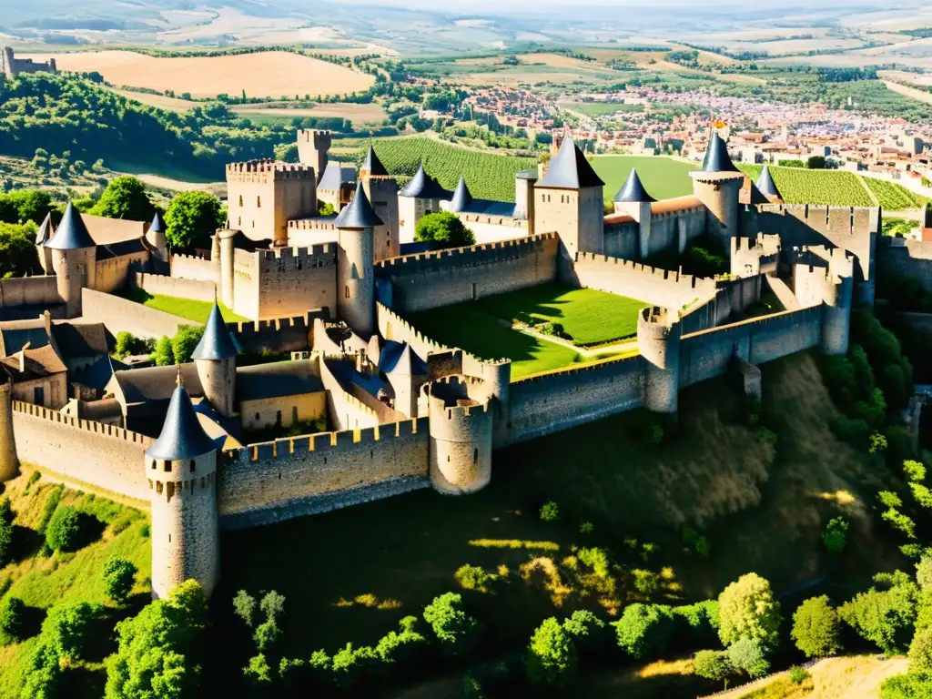 Vista panorámica de la ciudad medieval europea de Carcasona, con sus imponentes murallas fortificadas y arquitectura de piedra