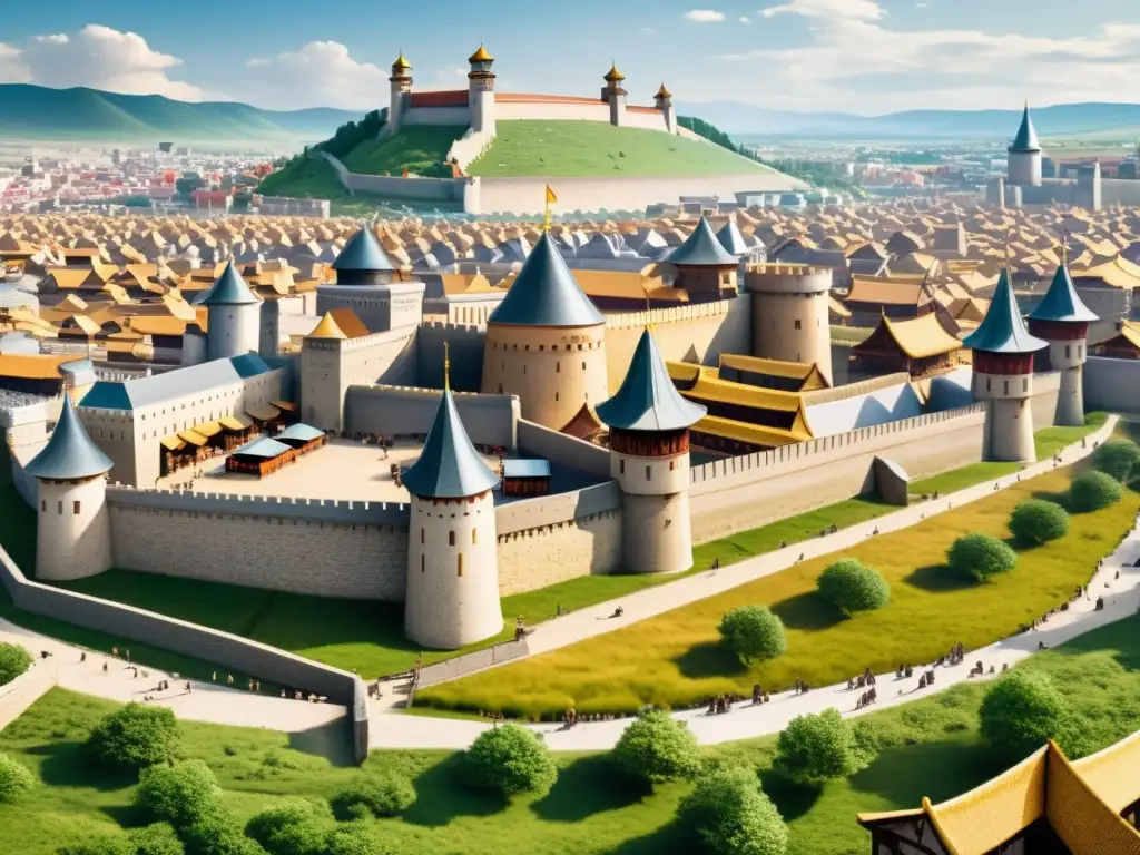 Vista panorámica de ciudad medieval europea con murallas y torres, evitando conquista mongola Europa