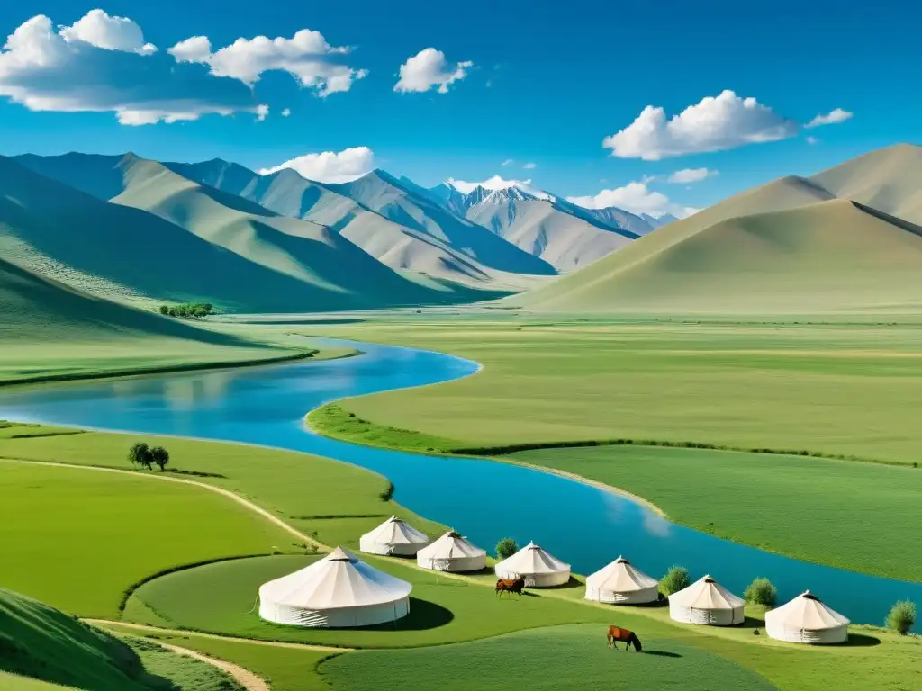 Vista panorámica de las colinas verdes del Imperio Mongol con prácticas agrícolas sostenibles y granjas nómadas