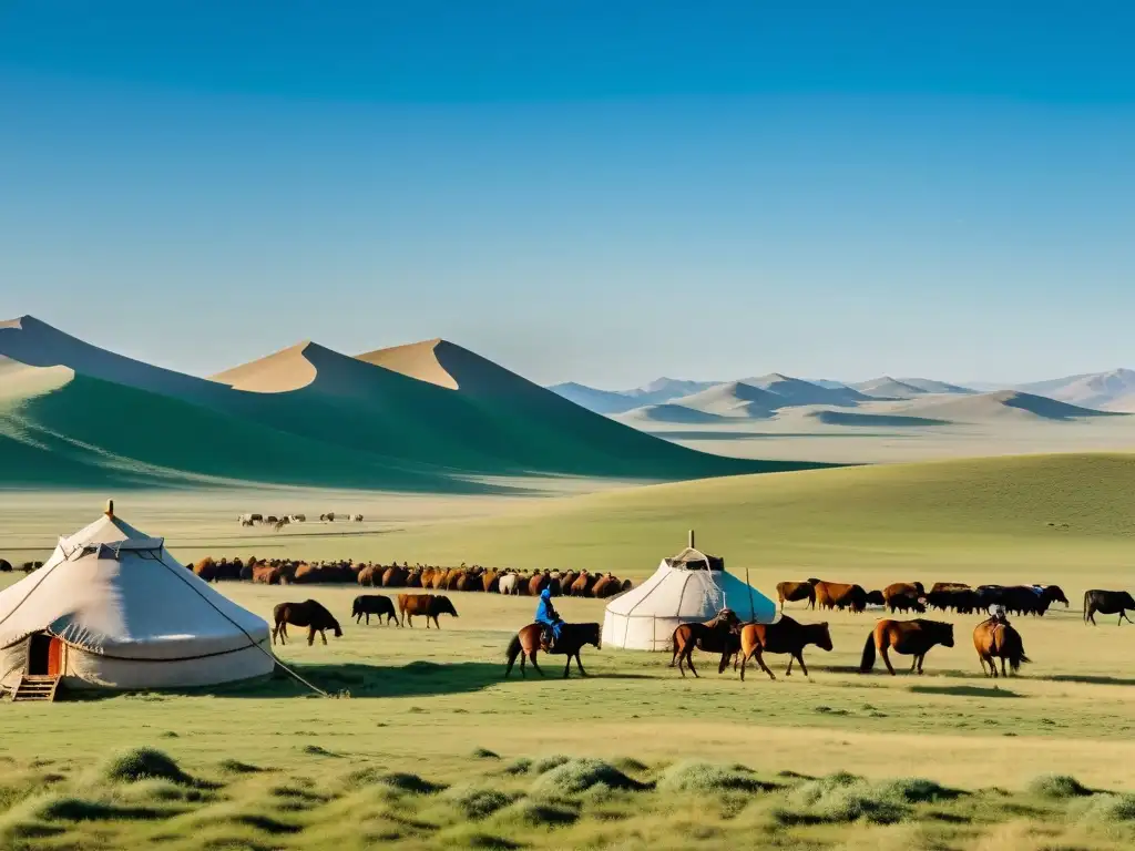 Vista panorámica de la estepa mongola con yurtas, comercio nómada y guerrero mongol a caballo