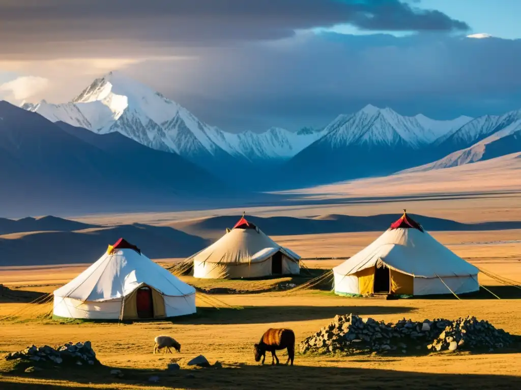 Vista panorámica de las conquistas del Imperio Mongol en la Chagatai Khanate, con montañas nevadas y yurtas nómadas en las llanuras infinitas al atardecer