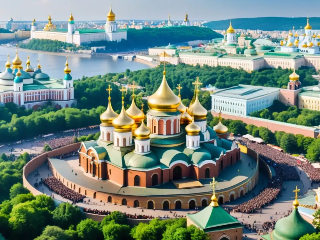 Vista panorámica de Kiev con cúpulas doradas de Santa Sofía