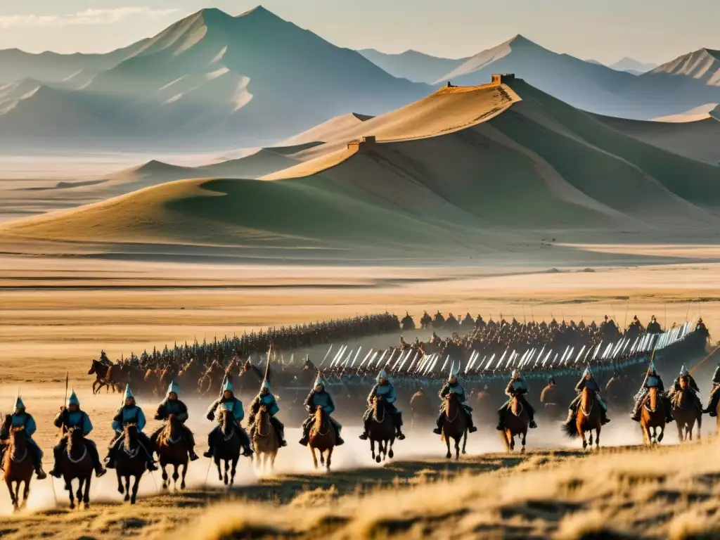 Vista panorámica del desarrollo tecnológico en el campo de batalla del Imperio Mongol: guerreros montados y paisaje estepario