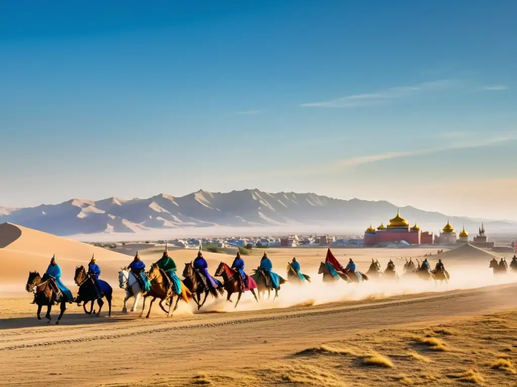 Vista panorámica del desierto con incursión Mongol mundo islámico, guerreros a caballo y ciudad lejana