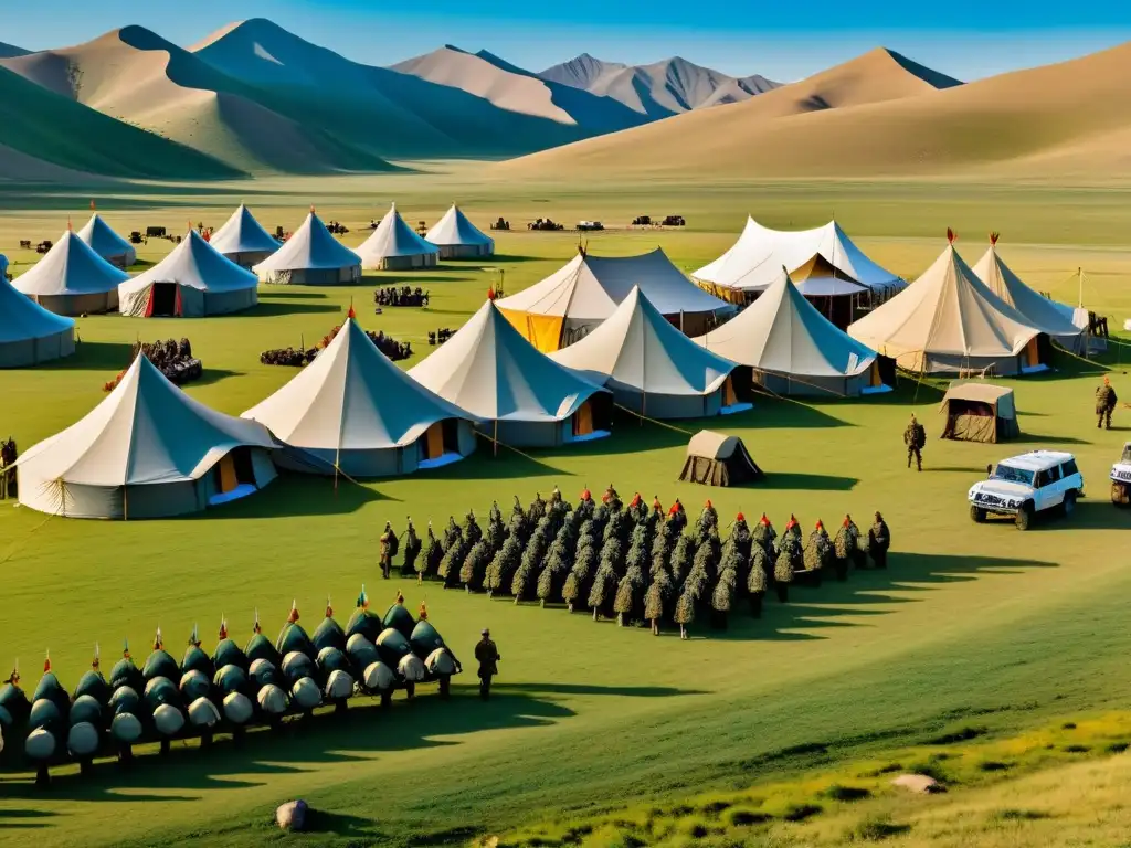 Vista panorámica detallada de un campamento militar mongol temporal, mostrando tácticas de asedio y arquitectura, con soldados y paisaje circundante