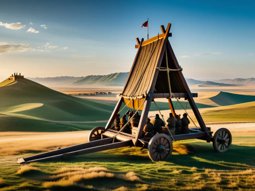 Una vista panorámica detallada de un trebuchet mongol en las vastas estepas