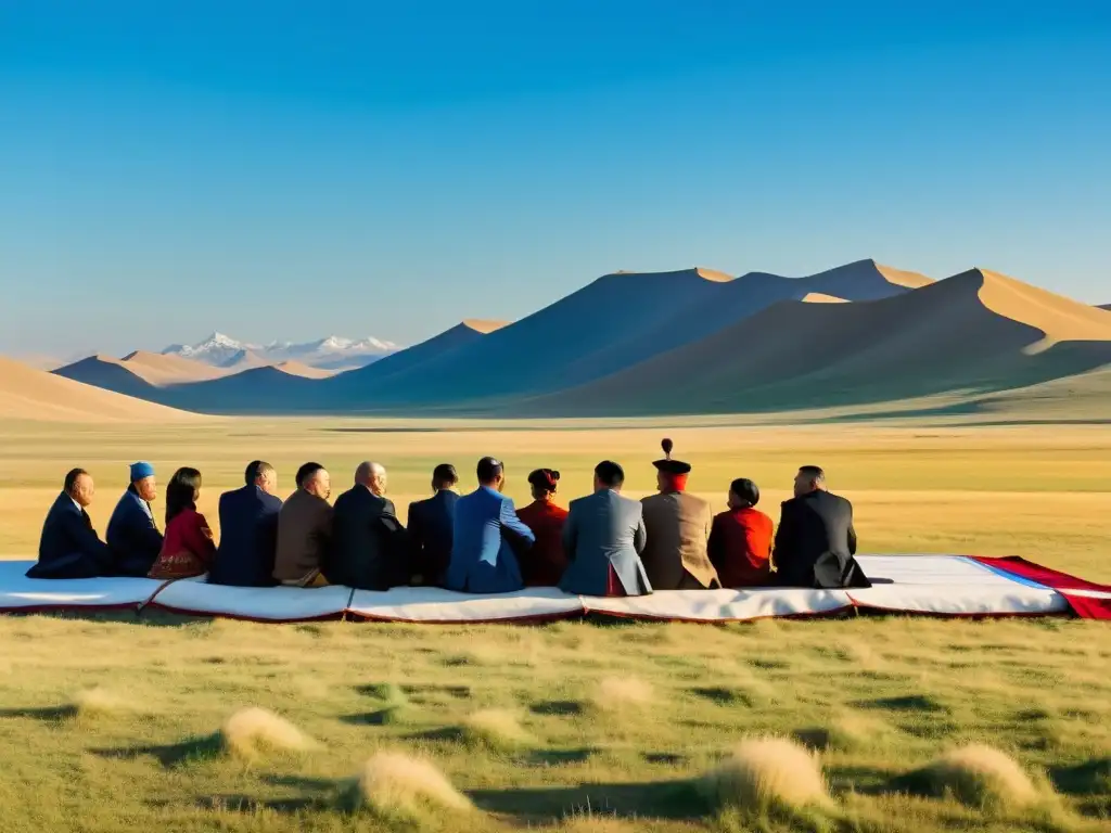 Vista panorámica de la estepa mongola con diplomáticos en trajes tradicionales en una reunión, reflejando la diplomacia de los mongoles conquistas