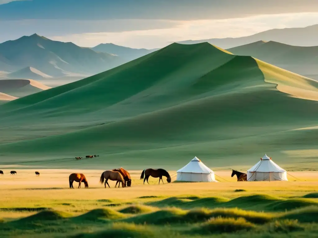 Vista panorámica de las estepas mongolas con una familia nómada y caballos pastando