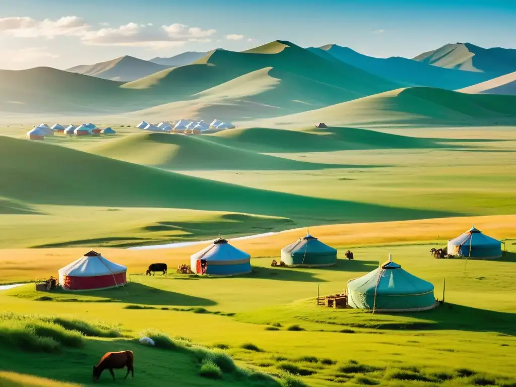 Vista panorámica de las estepas de Mongolia con yurtas dispersas