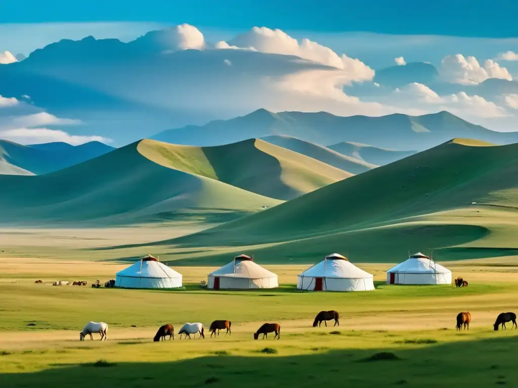 Vista panorámica de las estepas de Mongolia, con yurtas, pastores y caballos