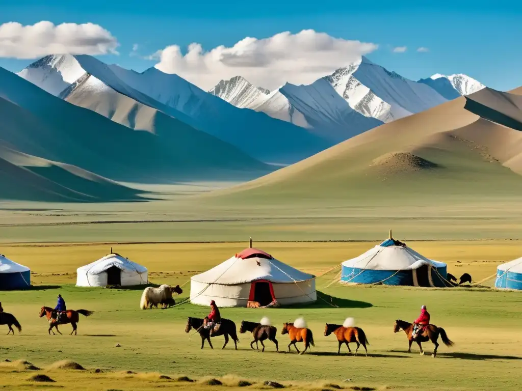 Vista panorámica de las estepas de Mongolia con una familia nómada mongol en caballo pastoreando su ganado, y al fondo, los picos nevados del Tíbet