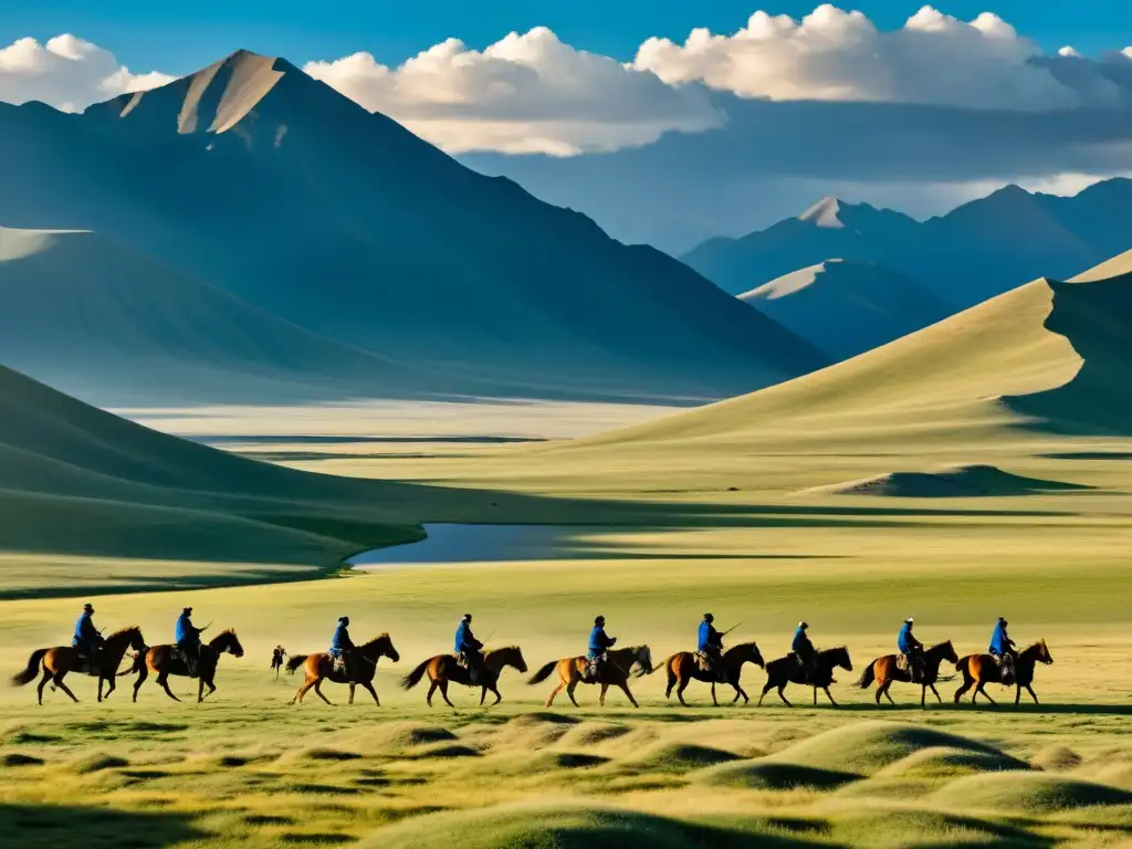 Vista panorámica de las estrategias militares mongolas, utilizando el clima y el paisaje a su favor, con guerreros a caballo en primer plano