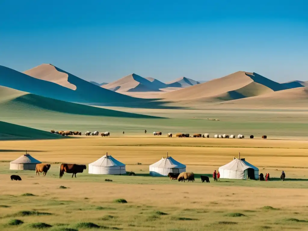 Vista panorámica de la estepa euroasiática con una familia nómada mongola y sus animales, yurtas tradicionales y paisaje dorado