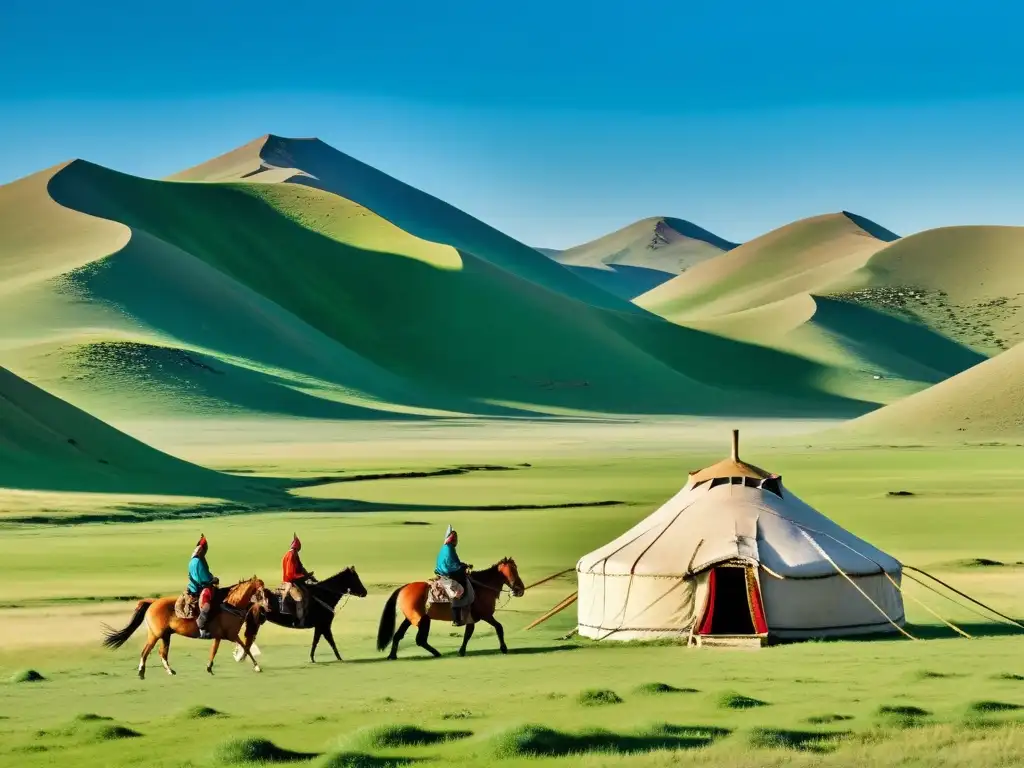 Vista panorámica de la extensa estepa mongola con un campamento de yurtas y jinetes en el horizonte