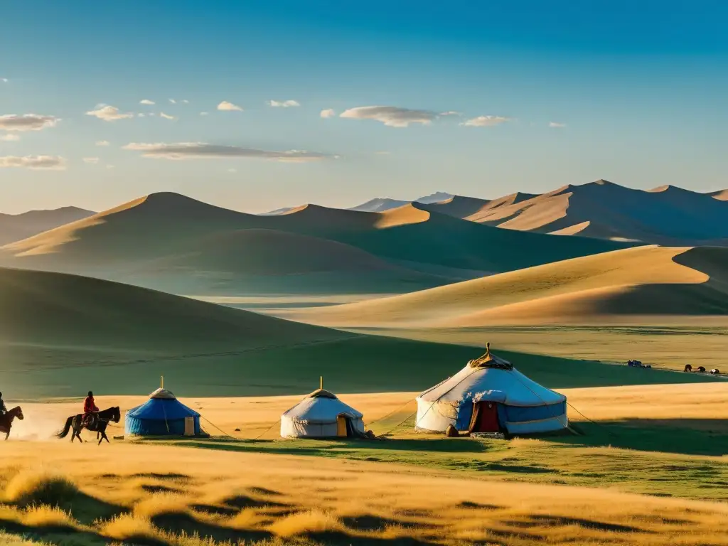 Vista panorámica de la extensa estepa mongola con una familia nómada viajando a caballo y sus tradicionales yurtas