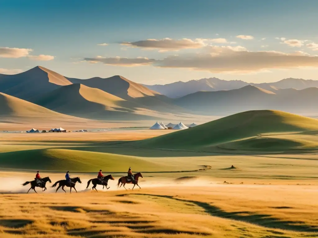 Vista panorámica de la extensa estepa mongola con jinetes a caballo y yurtas, evocando el legado del Imperio Mongol moderno