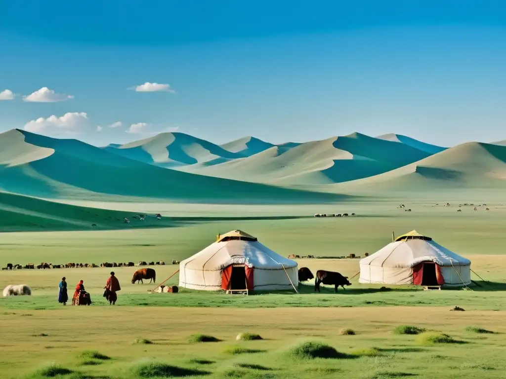 Vista panorámica de la extensa estepa mongol, con una yurta nómada y pastores mongoles cuidando su ganado