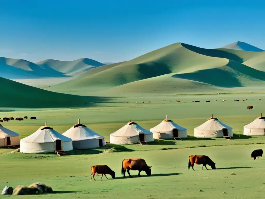 Vista panorámica de la extensa estepa mongol con yurtas nómadas y ganado