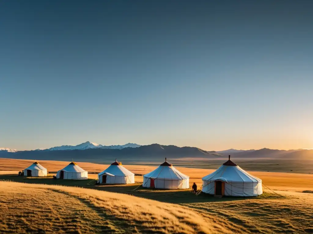 Vista panorámica de la extensa estepa de Mongolia con yurtas y montañas Altai en el horizonte, bañada por la luz dorada del atardecer