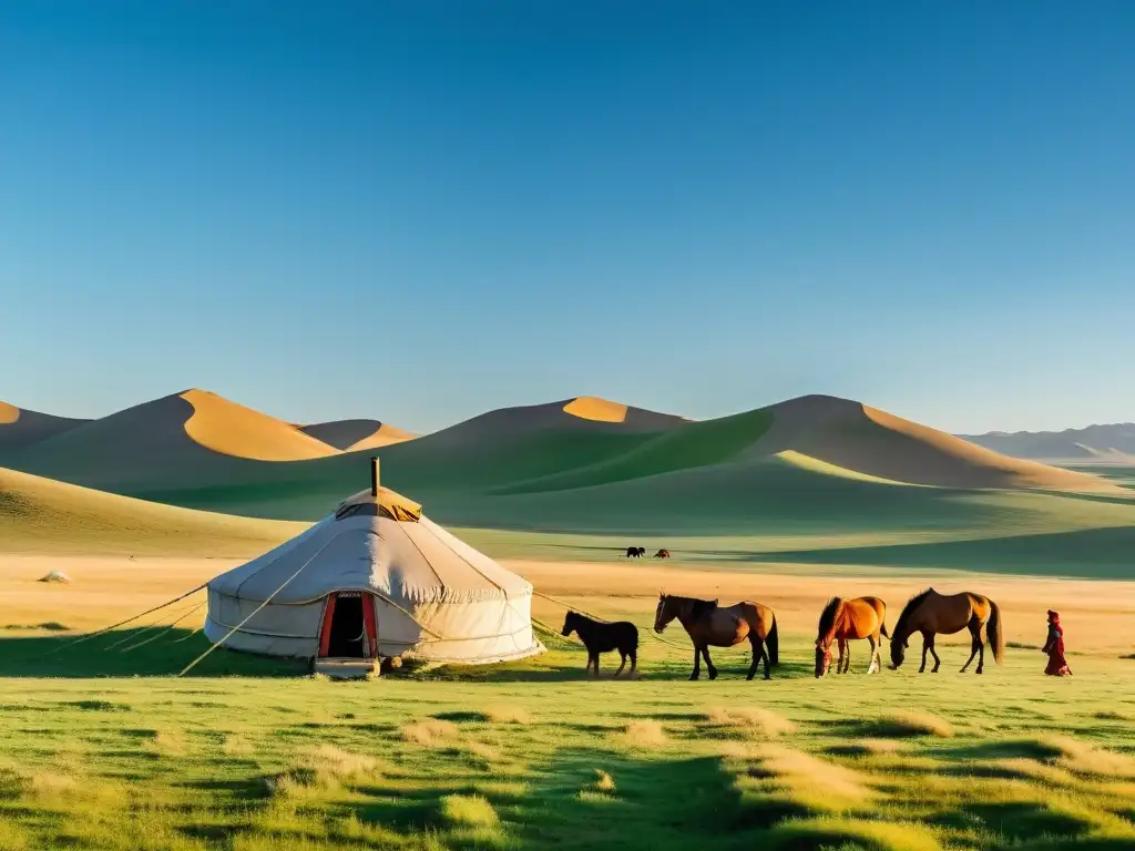 Vista panorámica de la estepa mongol con una familia nómada y su yurta, resaltando la riqueza cultural e histórica del legado del Imperio Mongol