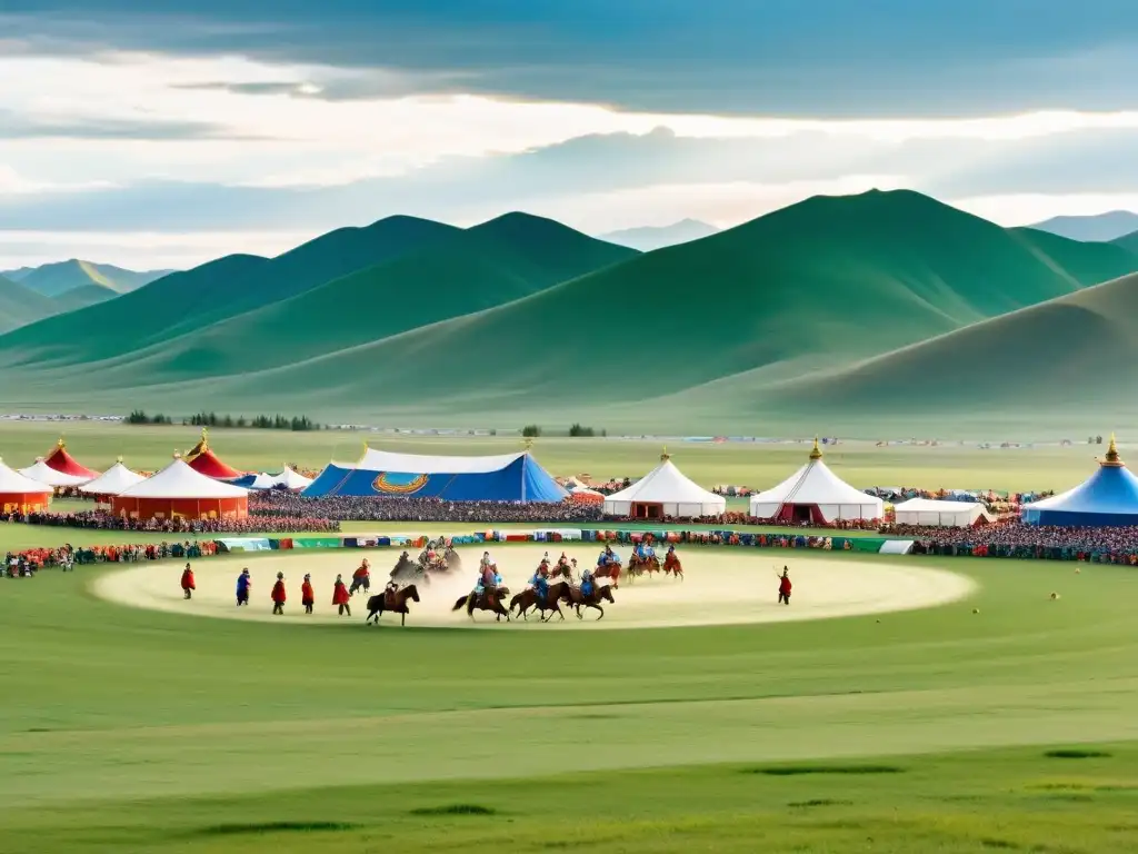 Vista panorámica del Festival Naadam en Mongolia, con coloridas tiendas tradicionales, multitudes en trajes mongoles, luchadores y arqueros