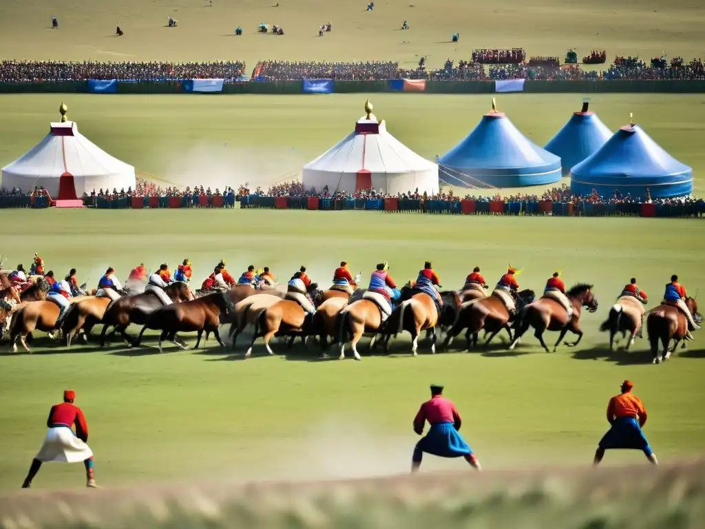 Vista panorámica del Festival Naadam en Mongolia, con luchadores en deels vibrantes y yurtas coloridas