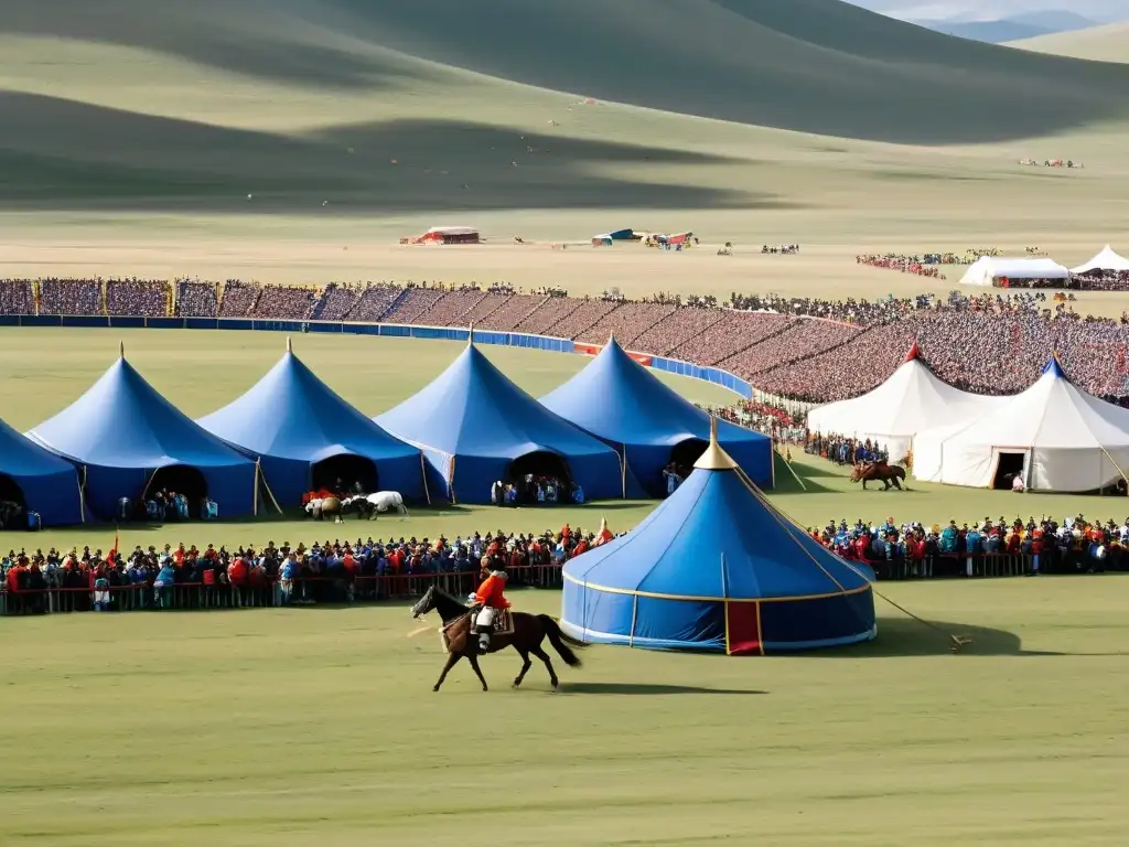 Vista panorámica del Festival Naadam en Mongolia, donde se fusiona tradición y modernidad con vibrantes colores y energía dinámica