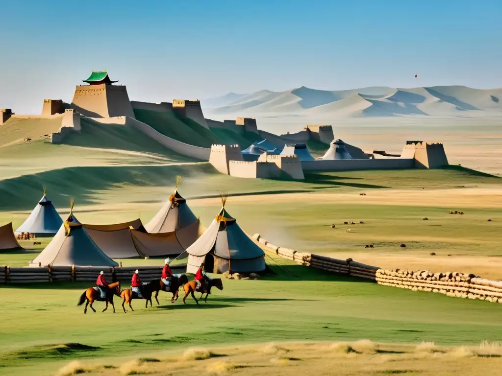 Vista panorámica de la estepa mongola con una fortaleza de arquitectura guerrera del Imperio Mongol, guerreros practicando arquería y tiendas nómadas