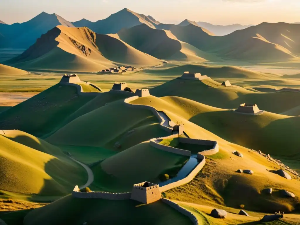 Vista panorámica de las fortificaciones mongolas redescubiertas, destacando su diseño defensivo y la belleza del paisaje al atardecer