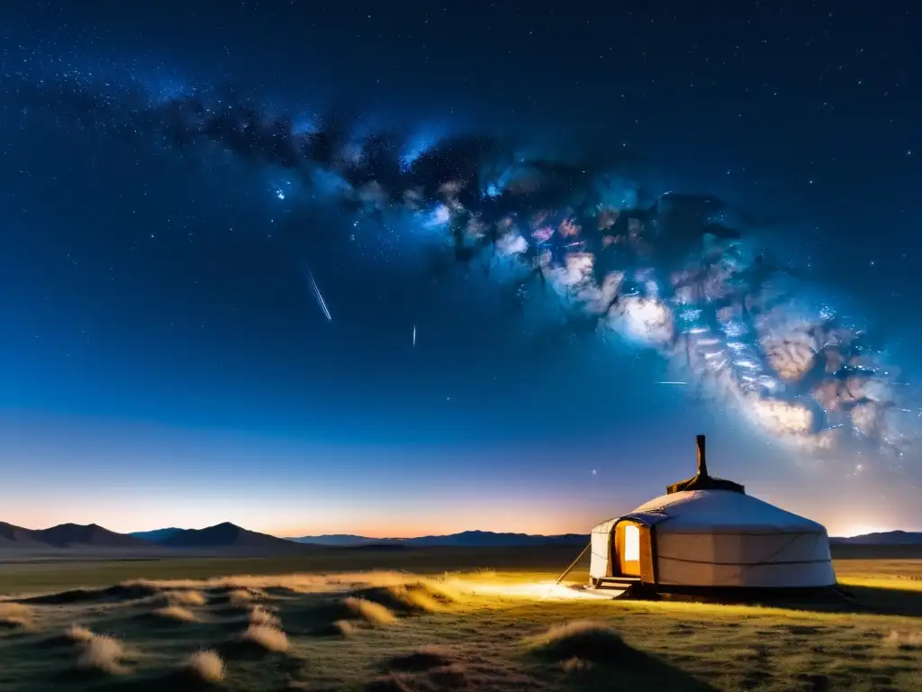 Vista panorámica de la estepa mongola al anochecer con una gertradicional, el cielo estrellado y la Vía Láctea